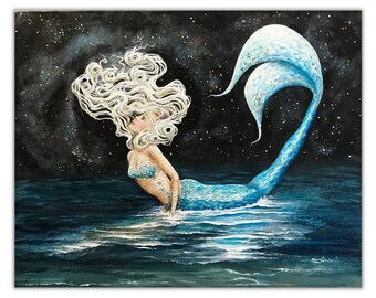 Mermaid on beach at night, celestial ocean art, coastal home decor