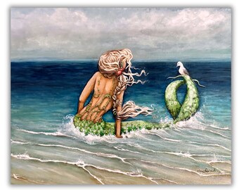 Blonde little mermaid with seagull friend on calm tropical beach art print