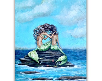Mother and teen mermaid art daughter love print different hair color options
