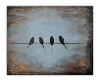 Birds on a wire art, gay ice blue rustic abstract print