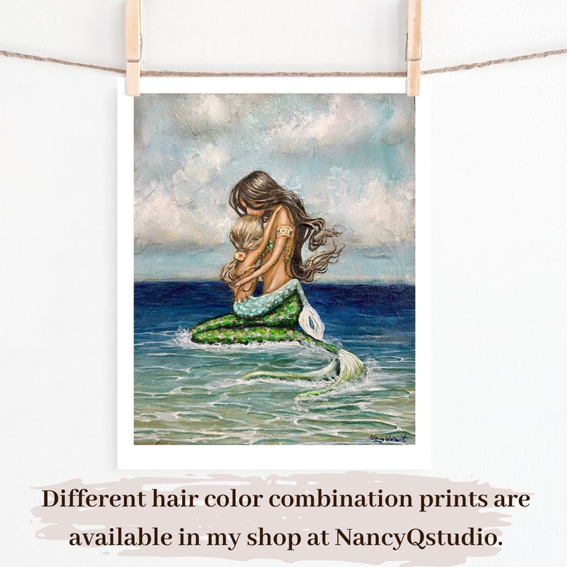 Mother's mermaid love, holding daughter beach fantasy family art print image 3