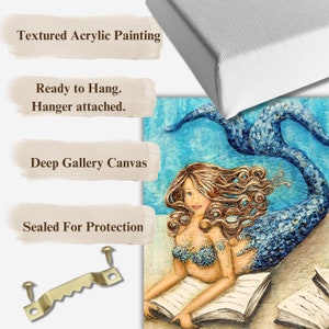 Mermaid reading book original painting on canvas coastal wall decor image 9