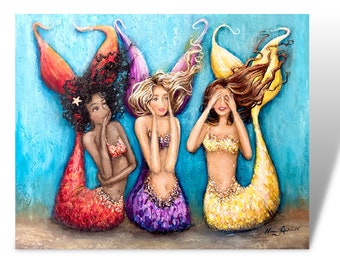 Hear no, see no, speak no evil mermaid painting, funny coastal art