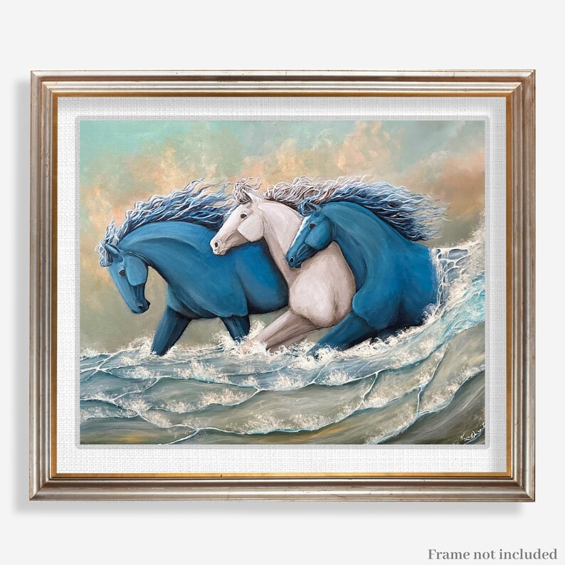 running horses in ocean wave coastal art print image 8