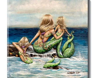 Mom and two daughters mermaid ceramic art tile