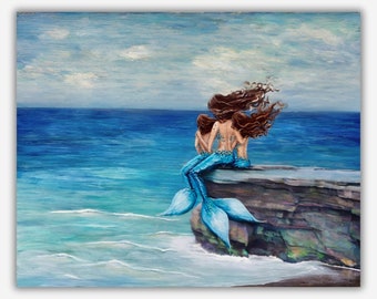 Brown hair mom two daughters mermaid seascape art print