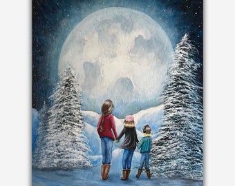 Mother daughter and son art, children print, full moon winter painting