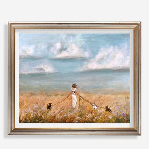 Woman walking three dogs in nature art print image 5