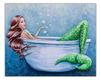 mermaid bath print, beach house bathroom art, coastal decor