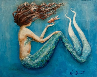 mermaid with fish art, coastal home decor, ocean fantasy print