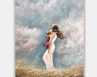 Mother Daughter Art, cloud print, mom with child painting print