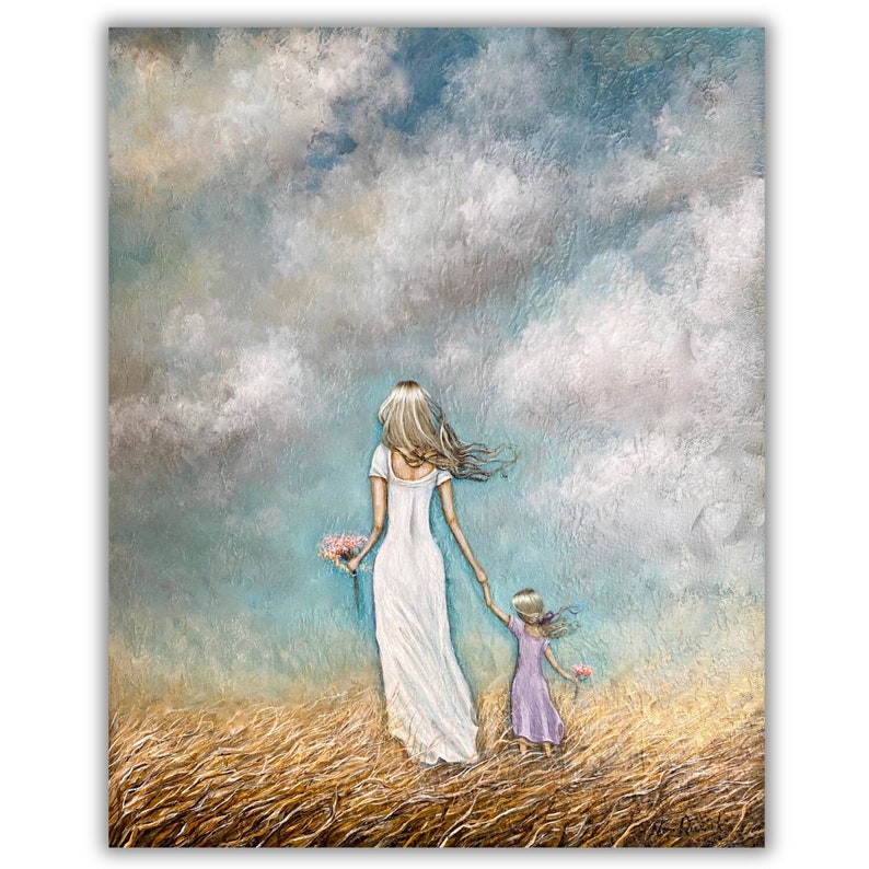 Mom and daughter holding hands art print of mothers love painting Blonde