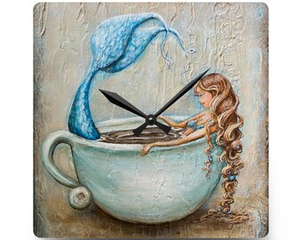 Mermaid in a coffee mug wall clock, coastal kitchen decor