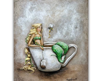 Blonde mermaid in a tea cup breakfast coastal art print beach house decor