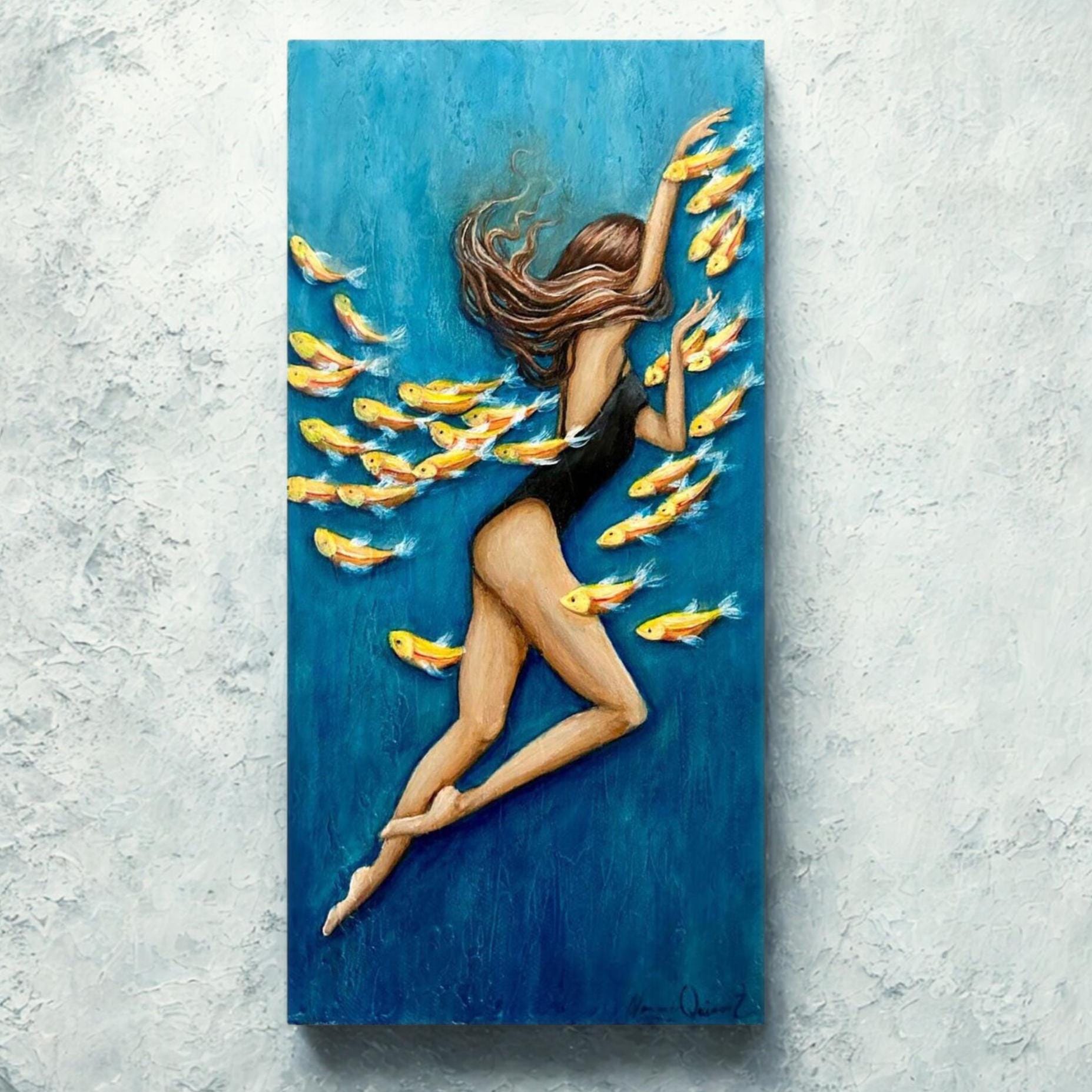 Woman Swimming with Fish Painting, Original Ocean Canvas Art, Coastal Wall Decor, Swimmer Gift, Beach House Artwork, Sea Life Art