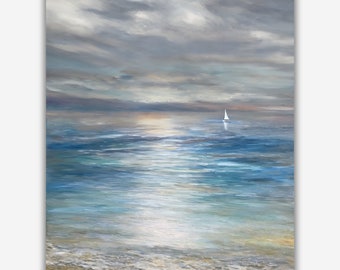 Coastal cool colors ocean sunset art print sailboat painting