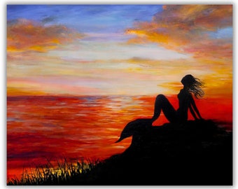 Mermaid silhouette sunset art colorful print