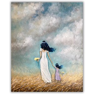 Mom and daughter holding hands art print of mothers love painting Black