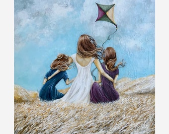 Mom with two daughters art mothers love print