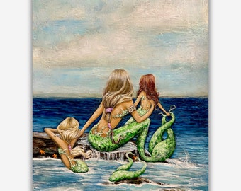 Mother with two daughters mermaid art print, coastal family wall decor