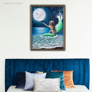 Mermaid Moon Art, Night Ocean Fantasy Print, Coast Home Decor - Etsy