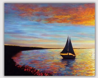 ocean sunset silhouette sailboat nautical art print