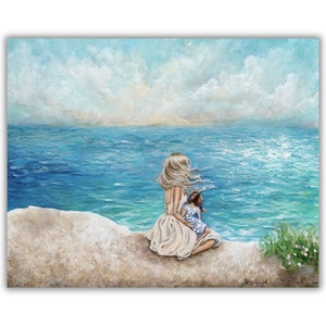 blonde mom brown hair daughter sitting on beach family love coastal wall art Bild 1