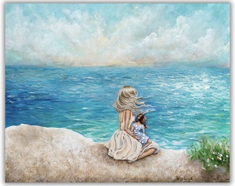 blonde mom brown hair daughter sitting on beach family love coastal wall art