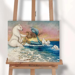 Mermaid polar bear original painting Arctic Ocean art on canvas gift for girl image 9