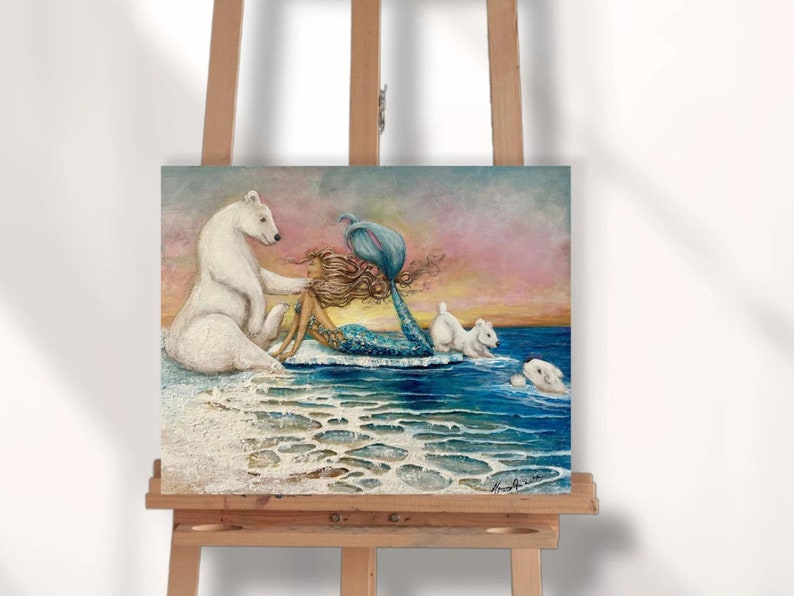 Mermaid polar bear original painting Arctic Ocean art on canvas gift for girl image 9