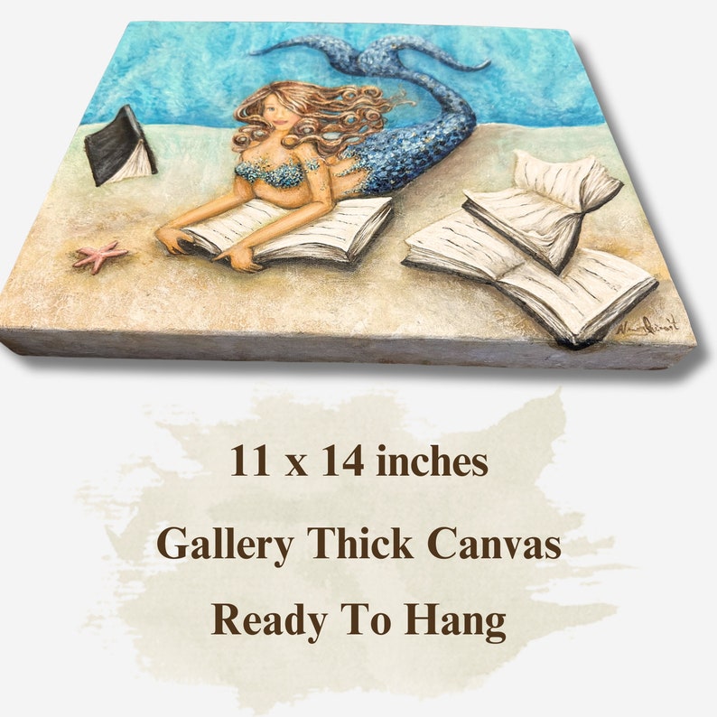 Mermaid reading book original painting on canvas coastal wall decor image 2