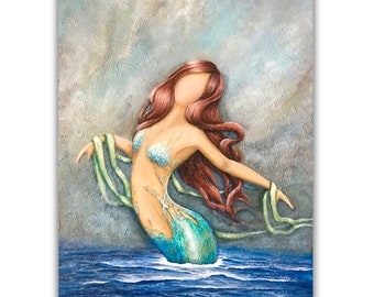 Artistic mermaid print of fantasy coastal painting