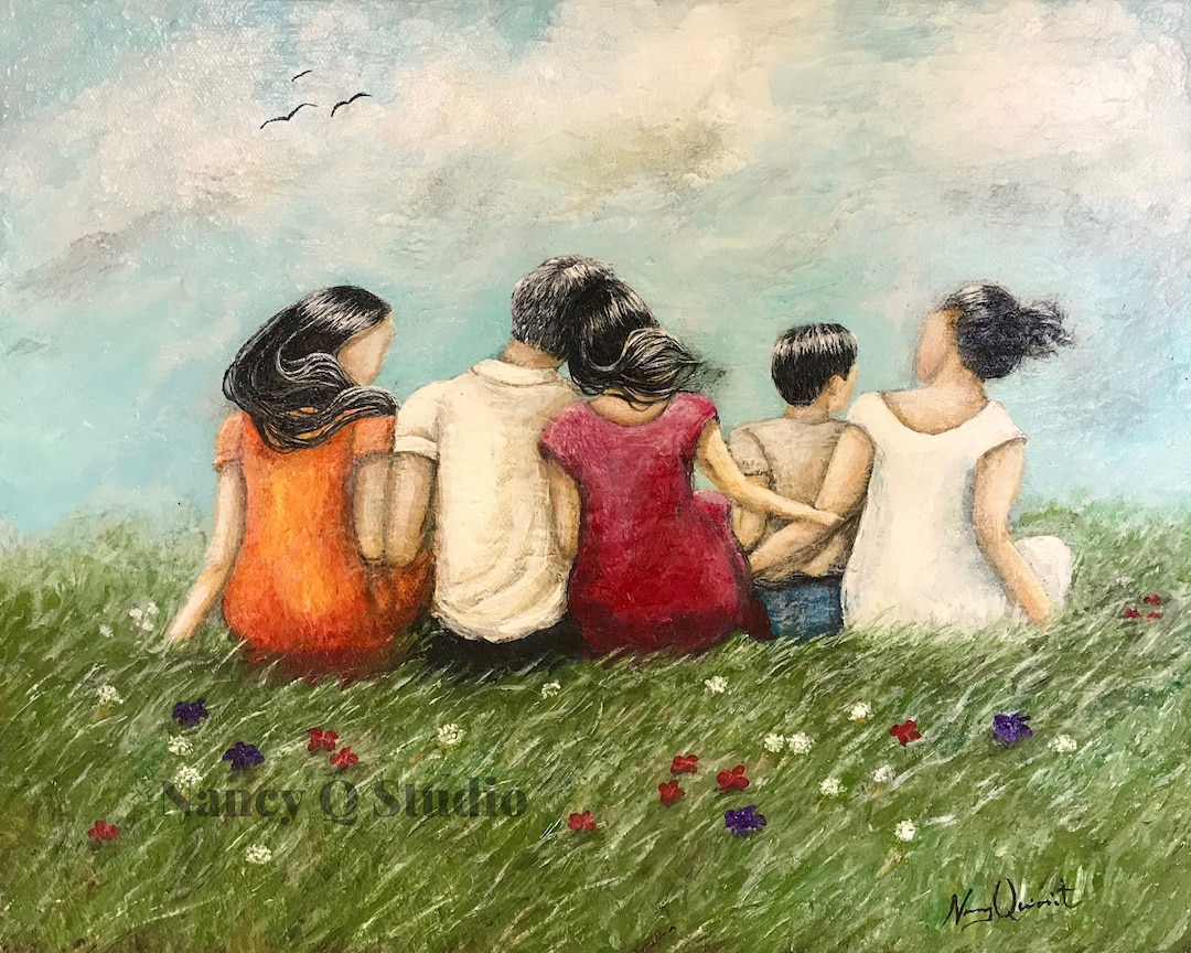 Family of Five Painting Print, Parents With Children Wall Art Etsy