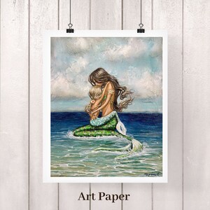 Mother's mermaid love, holding daughter beach fantasy family art print image 7
