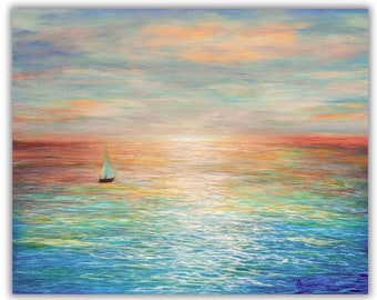 Colorful ocean sunset sailboat art seascape print