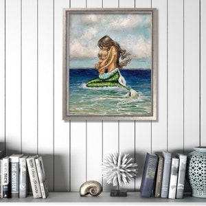 Mother's mermaid love, holding daughter beach fantasy family art print image 4