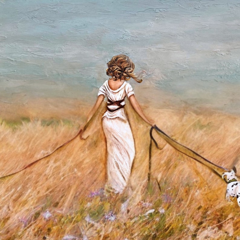 Woman walking three dogs in nature art print image 3