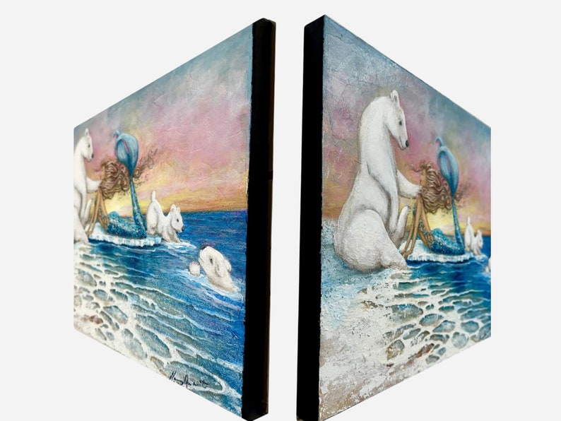 Mermaid polar bear original painting Arctic Ocean art on canvas gift for girl image 4