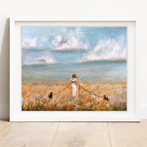 Woman walking three dogs in nature art print image 10