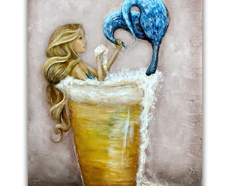 Blonde mermaid in a beer mug art print