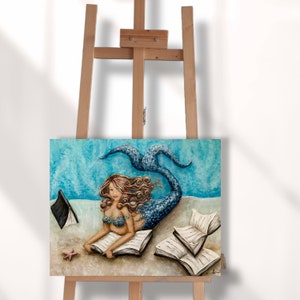 Mermaid reading book original painting on canvas coastal wall decor image 3