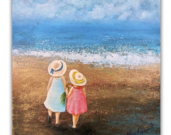 Cute sisters on beach impressionist painting print