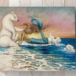 Mermaid polar bear original painting Arctic Ocean art on canvas gift for girl image 8