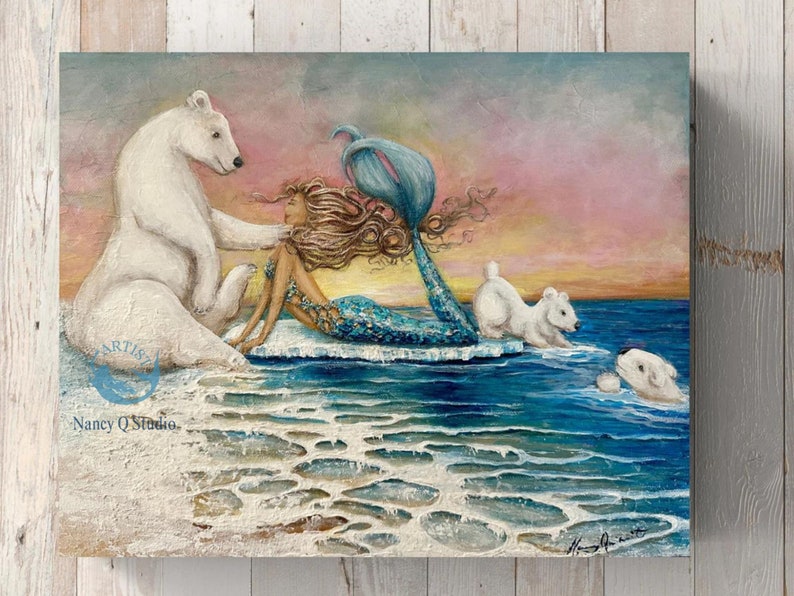 Mermaid polar bear original painting Arctic Ocean art on canvas gift for girl image 8