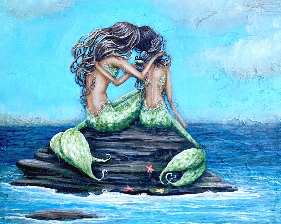 Mother and daughter mermaid painting on canvas 11x14 coastal | Etsy
