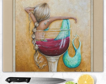 Mermaid in red wine glass cutting board for coastal kitchen