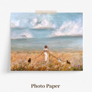 Woman walking three dogs in nature art print image 8