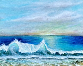 Beach sunset print, ocean waves art, coastal home wall decor