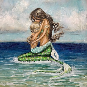 Mother's mermaid love, holding daughter beach fantasy family art print image 2