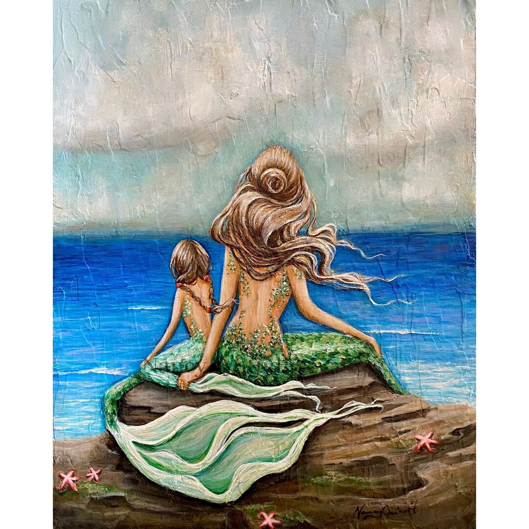 Mother and Daughter Mermaids on Rock Art Print Coastal Wall - Etsy